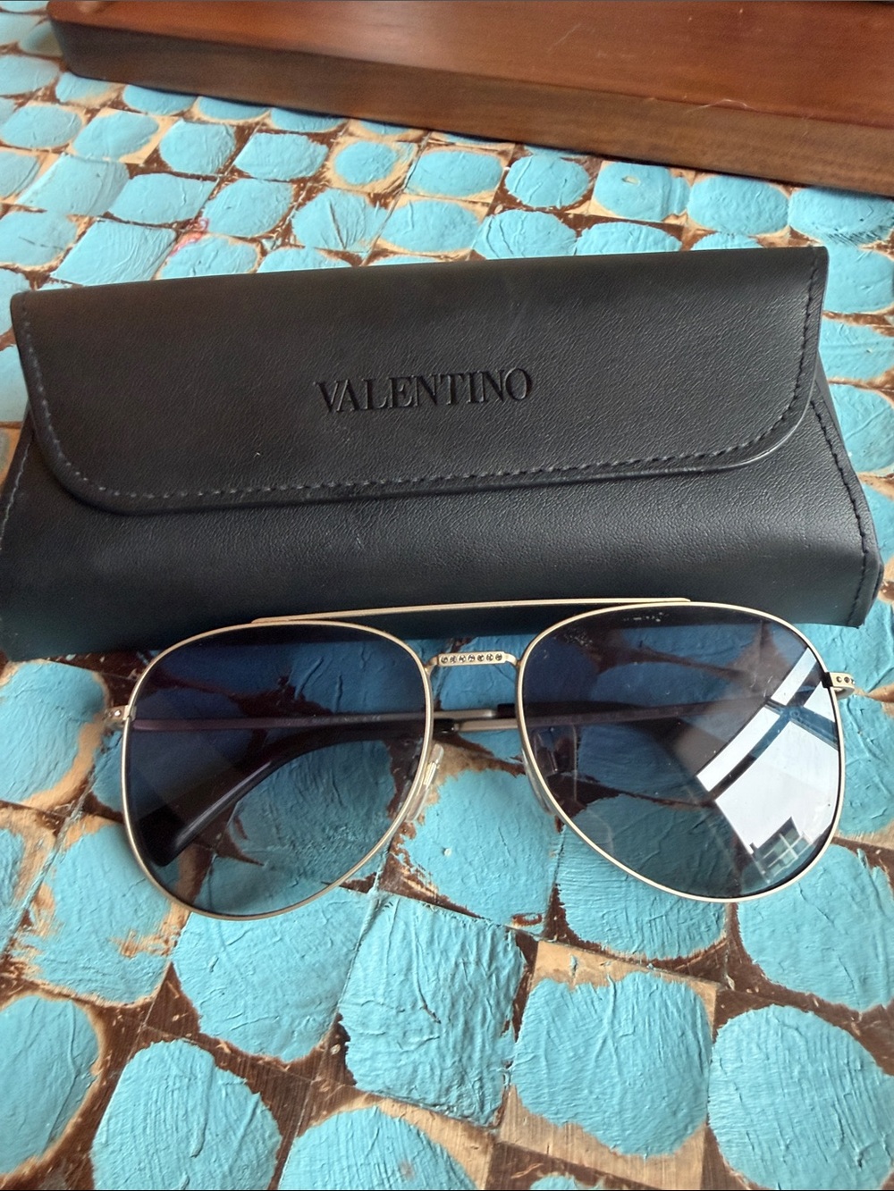 Valentino Gold Frame Sunglasses with Blue Lenses and Black Case